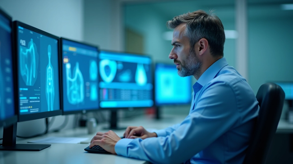 Hastane poliklinik yönetim ofisi, bilgisayarlar ve elektronik hasta kayıt sistemi ekranları görülüyor