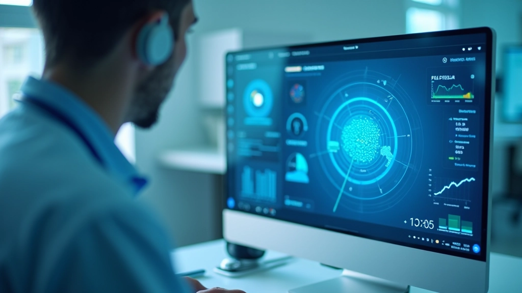 Doktor bilgisayar ekranında AI tanı arayüzünü analiz ediyor, tıbbi veri görselleştirmesi görülüyor