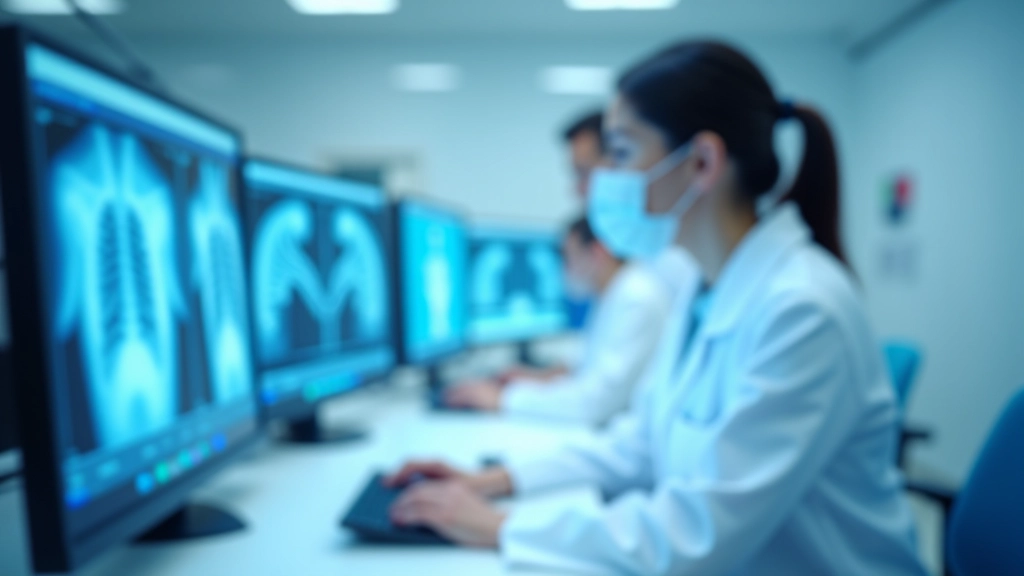 Türk sağlık profesyonelleri AI teknoloji laboratuvarında çalışıyor, tıbbi görüntüler ekranlarda görülüyor