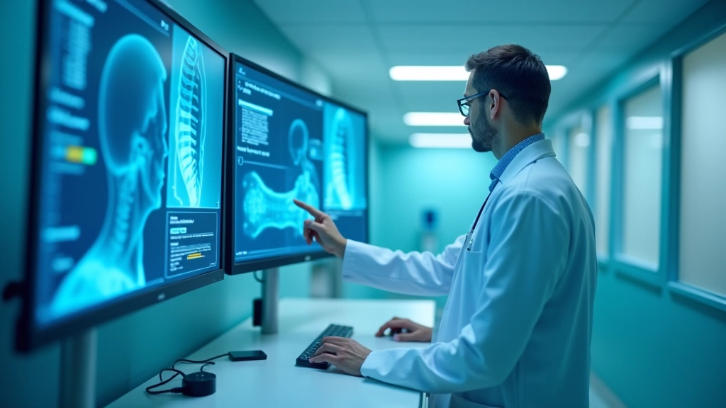 Modern hastane ortamında doktor ve yapay zeka tanı sistemleri, dijital ekranlar, tıbbi teknoloji