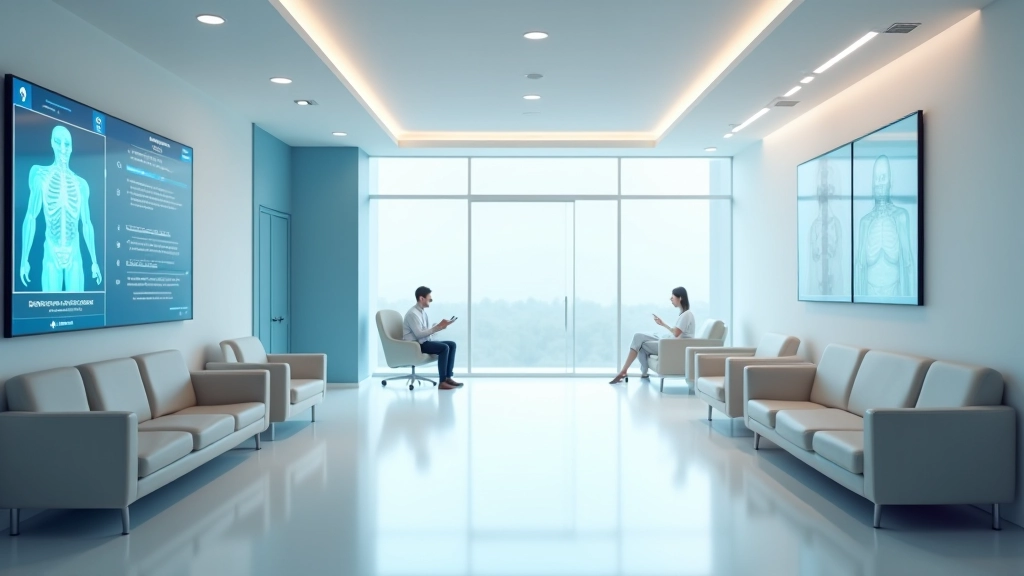 Modern hastane poliklinik tasarımı, teknoloji ekranları ve hasta alanları, gelecekçi ortam